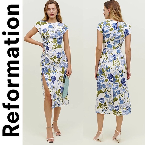 Reformation Dresses & Skirts - REFORMATION Frasier Floral Print Crepe Midi Dress Lucca Cottagecore Side Slit 2